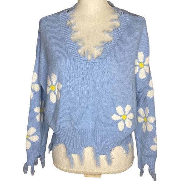 Just Polly Sweaters - Just Polly Juniors' Sz Med Blue Daisy Print Destructed Hem Drop Sleeve Sweater